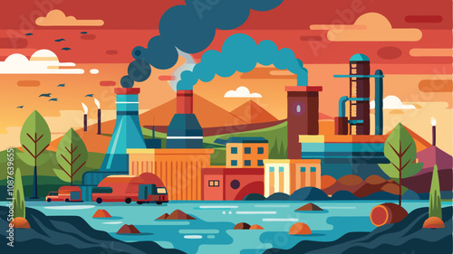 Pollution Background in Vector Style – Minimalistic and Modern Illustration Highlighting Environmental Issues with Smoke, Waste, and Contaminated Water for Awareness Campaigns or Educational Content