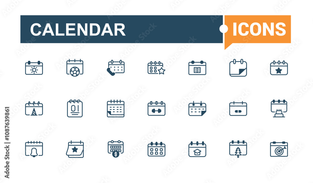Calendar icon set. Includes icons for outline, management, organizer, month, stroke and more. Outline symbol collection. Solid line editable vector illustration. Calendar icon set. Includes icons for outline, management, organizer, month, stroke and more. Outline symbol collection. Solid line editable vector illustration.