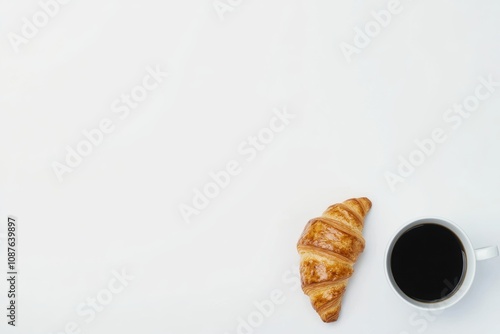 Goldenbrown croissant with a cup of black coffee closeup composition highlighting simplicity and the essence of breakfast on white photo