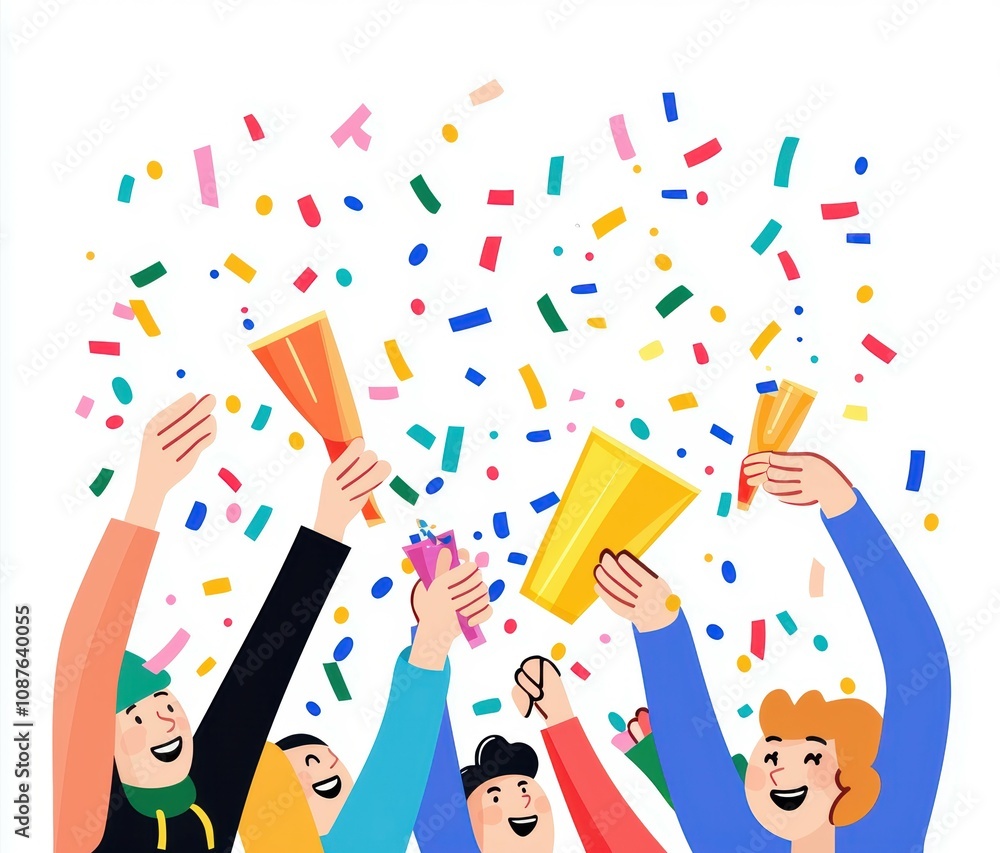 Happy cartoon character in a crowd celebrating with confetti vibrant colors and energetic poses in a festive and joyful environment Happy cartoon character in a crowd celebrating with confetti vibrant colors and energetic poses in a festive and joyful environment