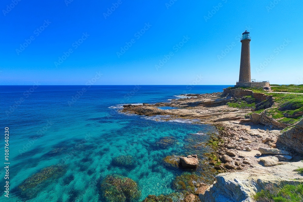 Serene Lighthouse by Calm Ocean Under Clear Sky - Coastal lighthouse, tranquil ocean, clear sky, rocky shore, summer. Symbolising peace, guidance, adventure, nature, serenity. Serene Lighthouse by Calm Ocean Under Clear Sky - Coastal lighthouse, tranquil ocean, clear sky, rocky shore, summer. Symbolising peace, guidance, adventure, nature, serenity.