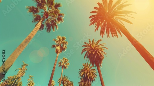 La Landscape. Vintage Retro Palm Trees in Beverly Hills with Sunny Green Background