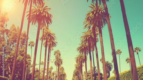 La Landscape. Vintage Retro Palms on Rode Drive, Greenery Background, Sunny Day