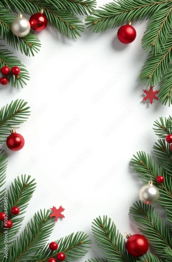 frame of fir branches with Christmas toys on a white background frame of fir branches with Christmas toys on a white background