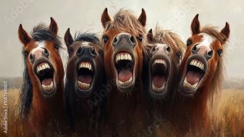 Five Horses with Open Mouths and Teeth Showing photo