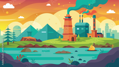 Pollution Background in Vector Style – Minimalistic and Modern Illustration Highlighting Environmental Issues with Smoke, Waste, and Contaminated Water for Awareness Campaigns or Educational Content