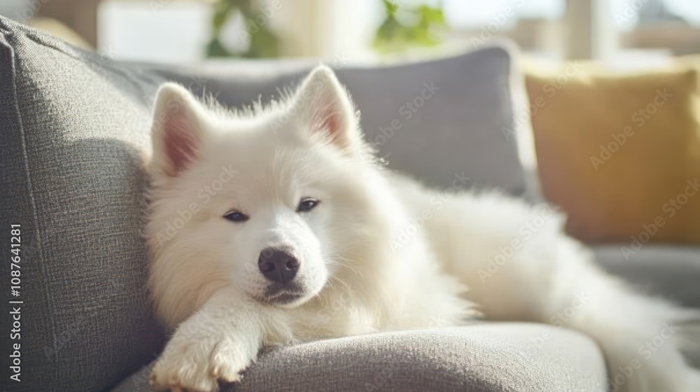 A serene white dog resting on a cozy couch in a well-lit room. A serene white dog resting on a cozy couch in a well-lit room.