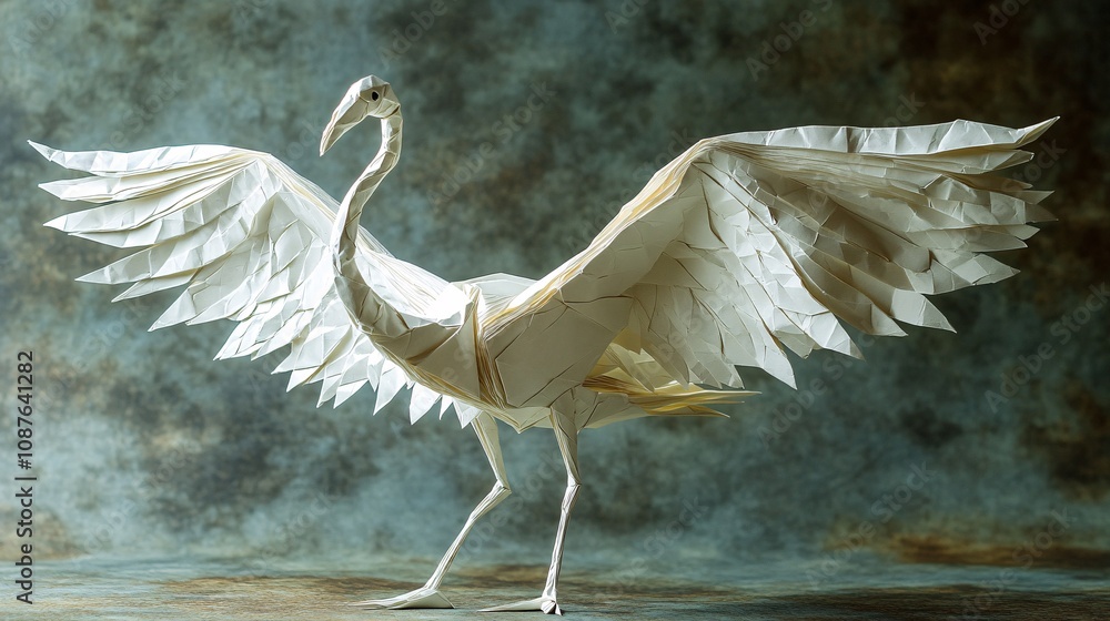 Naklejka premium A graceful white bird with outstretched wings, resembling a crane, stands against a textured, soft-colored background.