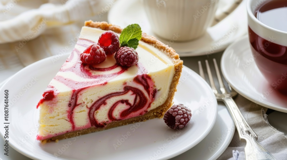 A decadent slice of raspberry cheesecake with a buttery graham cracker crust, creamy cheesecake filling A decadent slice of raspberry cheesecake with a buttery graham cracker crust, creamy cheesecake filling
