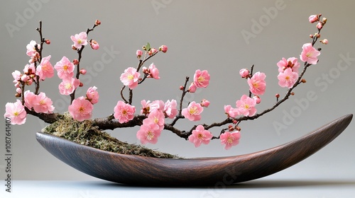 A delicate floral arrangement featuring pink blossoms on branches, elegantly displayed in a curved wooden vessel, creating a serene and artistic composition.