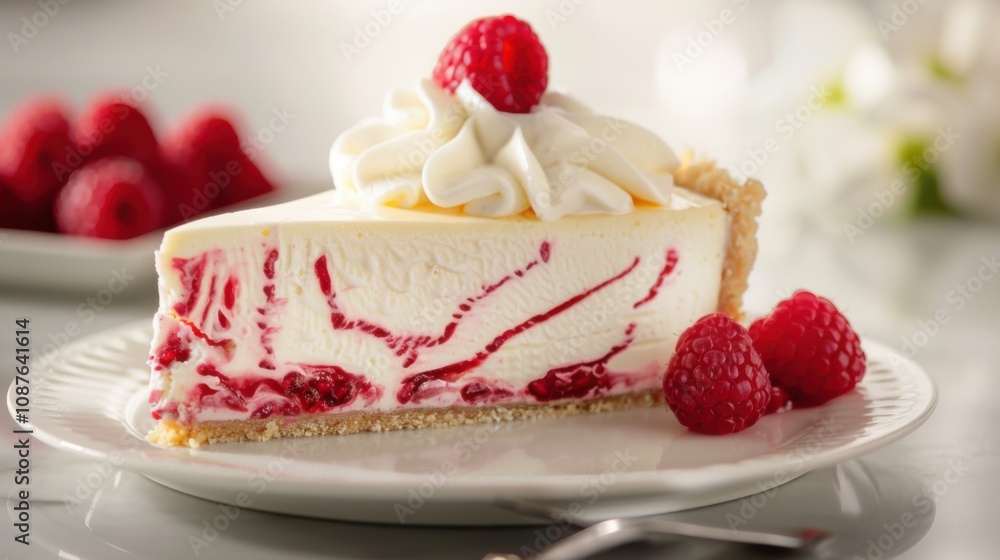 A decadent slice of raspberry cheesecake with a buttery graham cracker crust, creamy cheesecake filling A decadent slice of raspberry cheesecake with a buttery graham cracker crust, creamy cheesecake filling