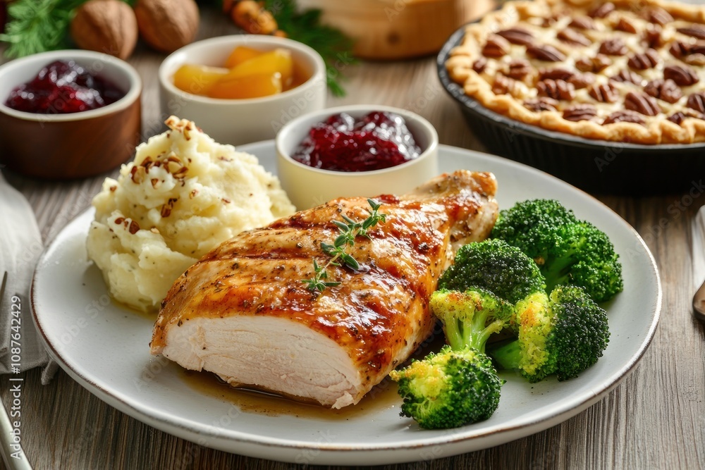 A delicious plate featuring roasted chicken, mashed potatoes, broccoli, and pie. A delicious plate featuring roasted chicken, mashed potatoes, broccoli, and pie.