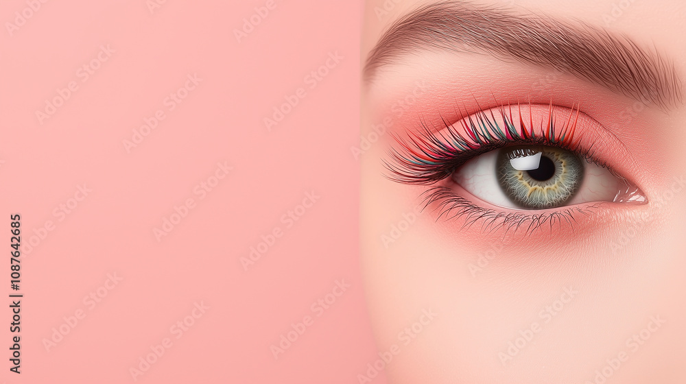 A single eye with bold eyeliner and vibrant lashes, against a monochromatic pink gradient, highlighting beauty and fashion trends, high-detail portrait A single eye with bold eyeliner and vibrant lashes, against a monochromatic pink gradient, highlighting beauty and fashion trends, high-detail portrait