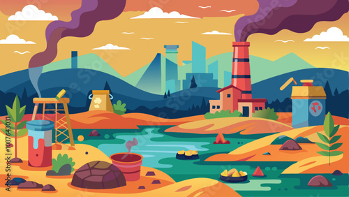 Pollution Background in Vector Style – Minimalistic and Modern Illustration Highlighting Environmental Issues with Smoke, Waste, and Contaminated Water for Awareness Campaigns or Educational Content