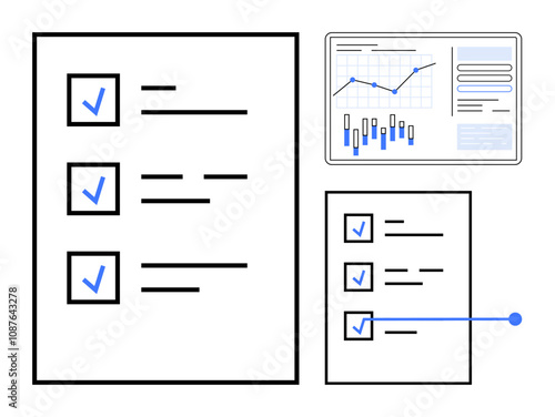 Checklist with checked boxes and chart displaying line graph and bar chart with blue highlights. Ideal for project management, productivity tracking, business analysis, task completion, data