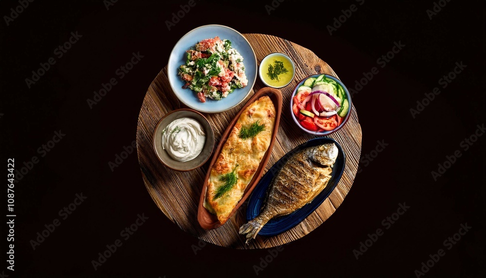 Fototapeta premium Selection of traditional greek food - salad, meze, pie, fish, tzatziki, dolma on wood background