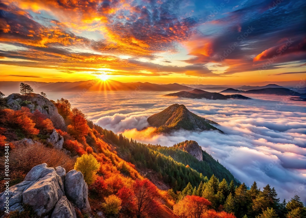 Naklejka premium Time Lapse Sunset Above Clouds Slovakia Mountains Fall Landscape