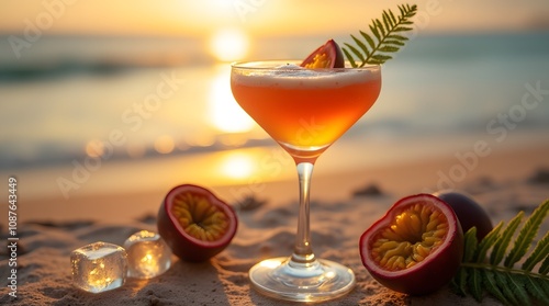 cocktail on the beach. In the evening there is an alcoholic passion fruit cocktail on the beach. Passion fruit on the beach next to a refreshing drink.