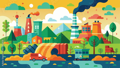 Pollution Background in Vector Style – Minimalistic and Modern Illustration Highlighting Environmental Issues with Smoke, Waste, and Contaminated Water for Awareness Campaigns or Educational Content