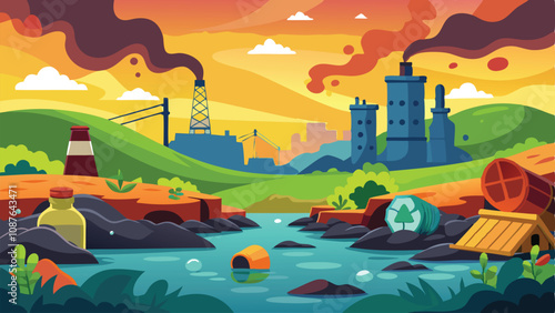 Pollution Background in Vector Style – Minimalistic and Modern Illustration Highlighting Environmental Issues with Smoke, Waste, and Contaminated Water for Awareness Campaigns or Educational Content