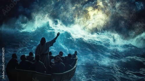 Jesus calming the storm, raising His hand to the turbulent sea while His disciples watch in awe from the boat
