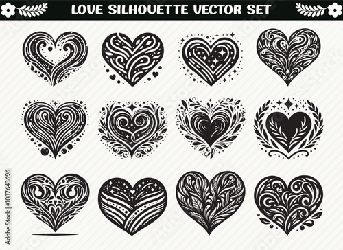 Collection of Romantic Heart Shape Silhouettes in Various Styles and Designs