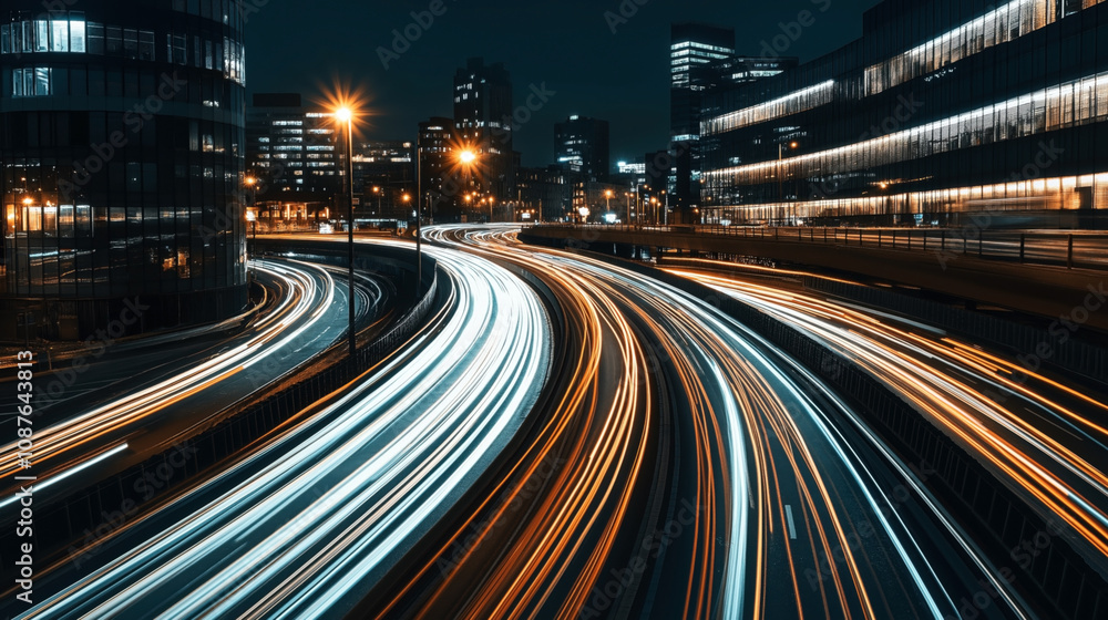Long exposure of urban highway at night with light trails from moving vehicles surrounded by modern office buildings and illuminated streetlights.