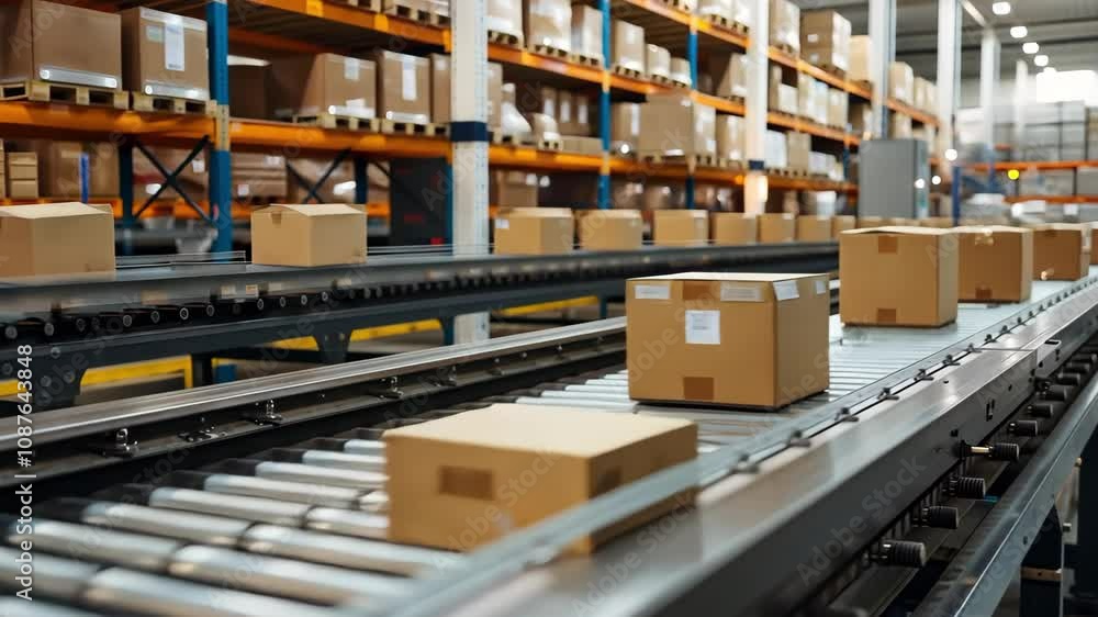A conveyor belt in a warehouse transporting cardboard boxes among shelves filled with more packaged goods. A conveyor belt in a warehouse transporting cardboard boxes among shelves filled with more packaged goods.