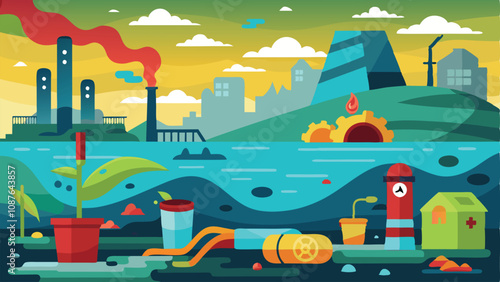 Pollution Background in Vector Style – Minimalistic and Modern Illustration Highlighting Environmental Issues with Smoke, Waste, and Contaminated Water for Awareness Campaigns or Educational Content