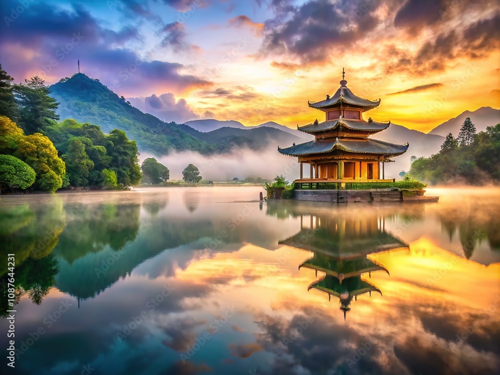 Tranquil Asian water temple, stone bridge, misty reflection, sunlight. AI art. Tranquil Asian water temple, stone bridge, misty reflection, sunlight. AI art.
