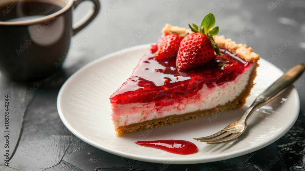 A decadent slice of strawberry cheesecake with a graham cracker crust and a layer of strawberry compote, served on a white plate A decadent slice of strawberry cheesecake with a graham cracker crust and a layer of strawberry compote, served on a white plate