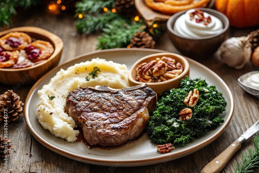 A delicious meal featuring steak, mashed potatoes, greens, and dessert on a rustic table. A delicious meal featuring steak, mashed potatoes, greens, and dessert on a rustic table.