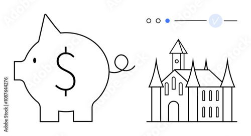 Piggy bank with dollar sign next to a castle outline. Ideal for finance, investment, real estate, savings, dreams, goals, budgeting themes. Line metaphor
