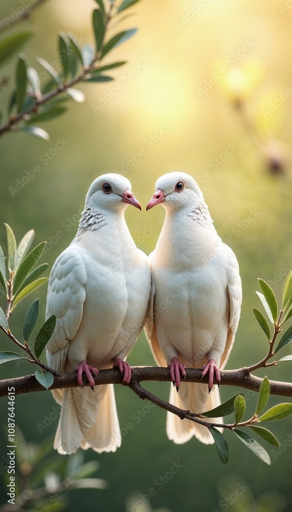 Two white doves sitting closely on a branch in warm golden light Two white doves sitting closely on a branch in warm golden light