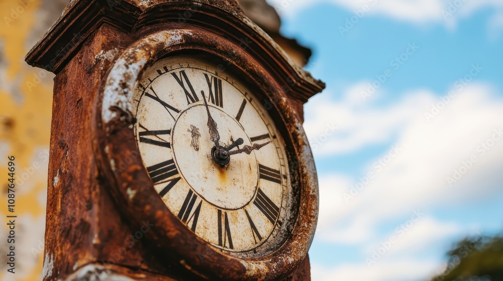 Fototapeta premium This vintage clock features worn Roman numerals and metal hands on a clear sky backdrop