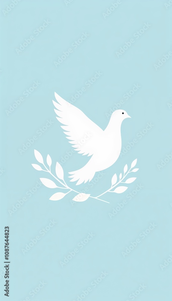 Obraz premium Minimalist white dove with olive branch on a soft blue background
