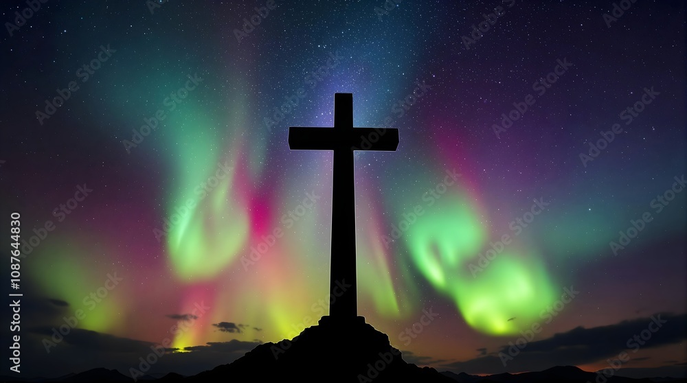 Silhouette Cross Against Aurora Borealis: Faith in the Night Silhouette Cross Against Aurora Borealis: Faith in the Night