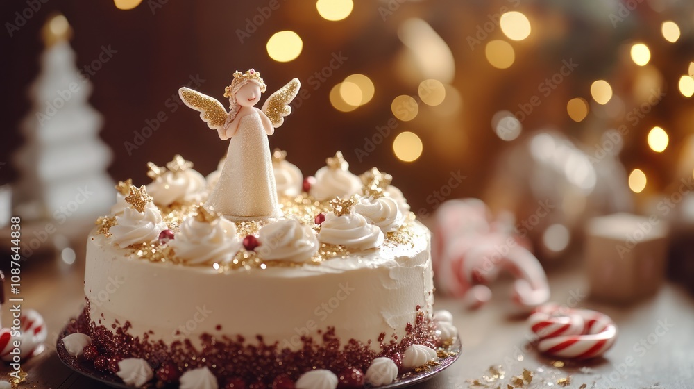 A festive cake adorned with an angel figurine and decorative elements for celebration. A festive cake adorned with an angel figurine and decorative elements for celebration.