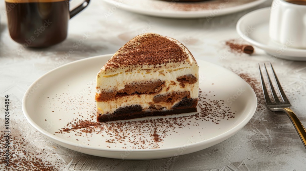 A decadent slice of tiramisu cheesecake with layers of mascarpone cheese, coffee-soaked ladyfingers A decadent slice of tiramisu cheesecake with layers of mascarpone cheese, coffee-soaked ladyfingers