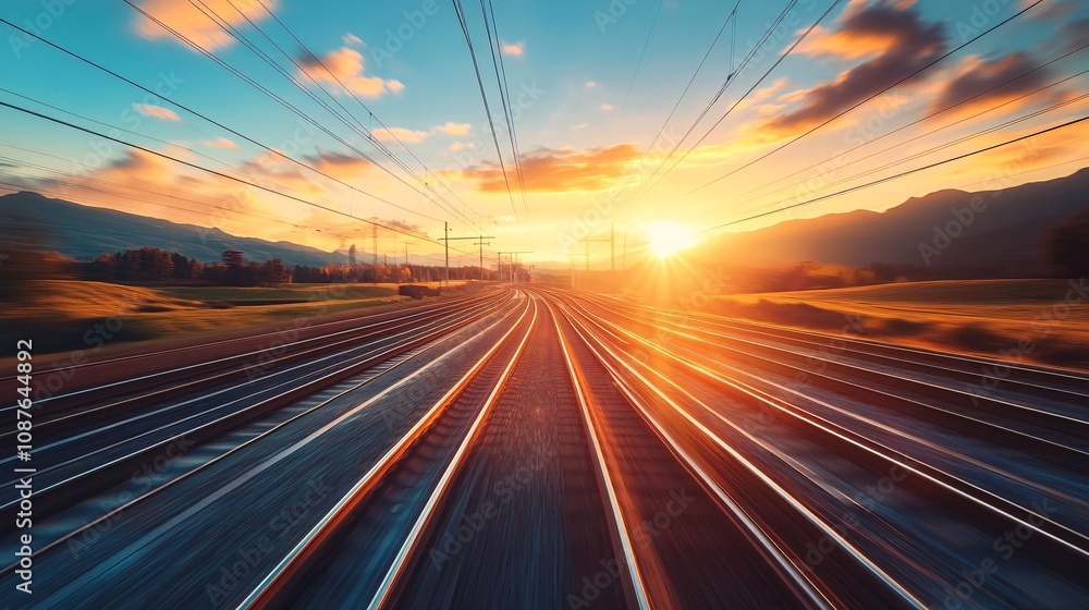 Obraz premium A captivating sunset view over railway tracks, showcasing vibrant colors and dramatic clouds against a serene landscape.