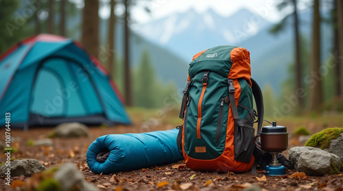 tent in the forest tourist Essential Gear for Wilderness Mountain Hiking Camping Equipment and Accessories. AI