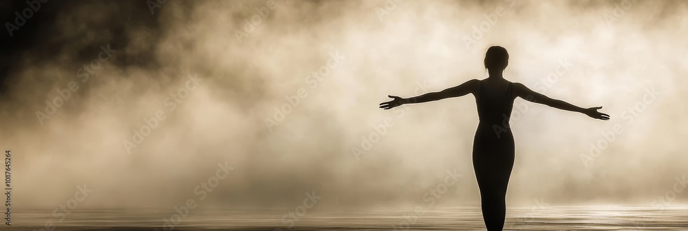 Silhouette of Woman in Misty Light, Arms Outstretched - Peaceful, serene, hopeful, freedom, spiritual; woman silhouetted against a misty background, arms outstretched. Silhouette of Woman in Misty Light, Arms Outstretched - Peaceful, serene, hopeful, freedom, spiritual; woman silhouetted against a misty background, arms outstretched.