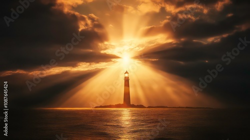 A lone lighthouse stands tall against a dramatic sunrise, its beam piercing through the clouds.