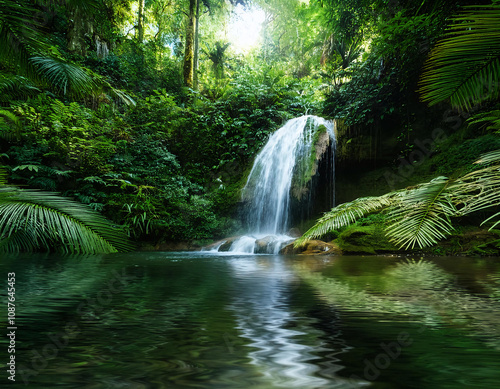 A stunning waterfall cascades through a lush, green rainforest, with sunlight filtering through the canopy