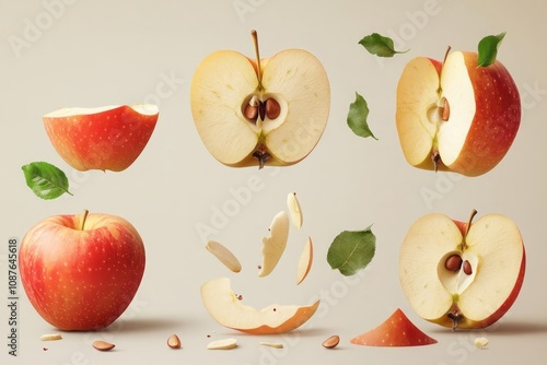 A deconstructed apple, showing the peel, core, seeds, and slices separately. photo