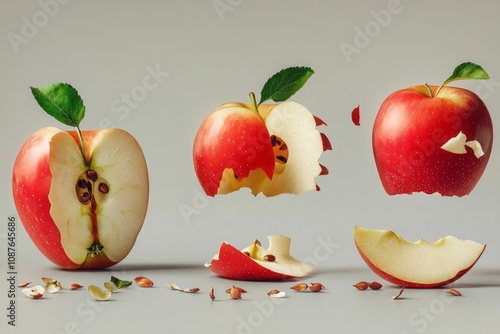 A deconstructed apple, showing the peel, core, seeds, and slices separately. photo