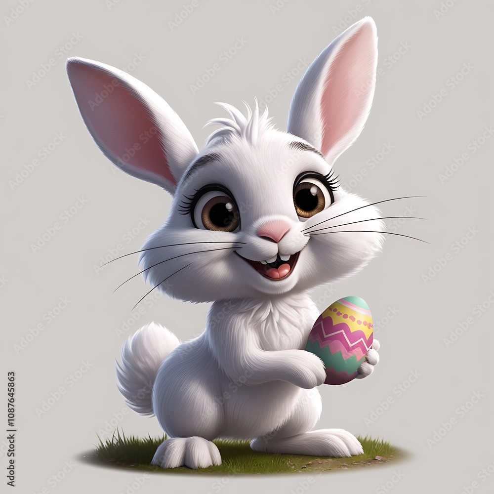 Obraz premium Cheerful cartoon rabbit holding a colorful Easter egg on grassy field with bright expressions during springtime celebration
