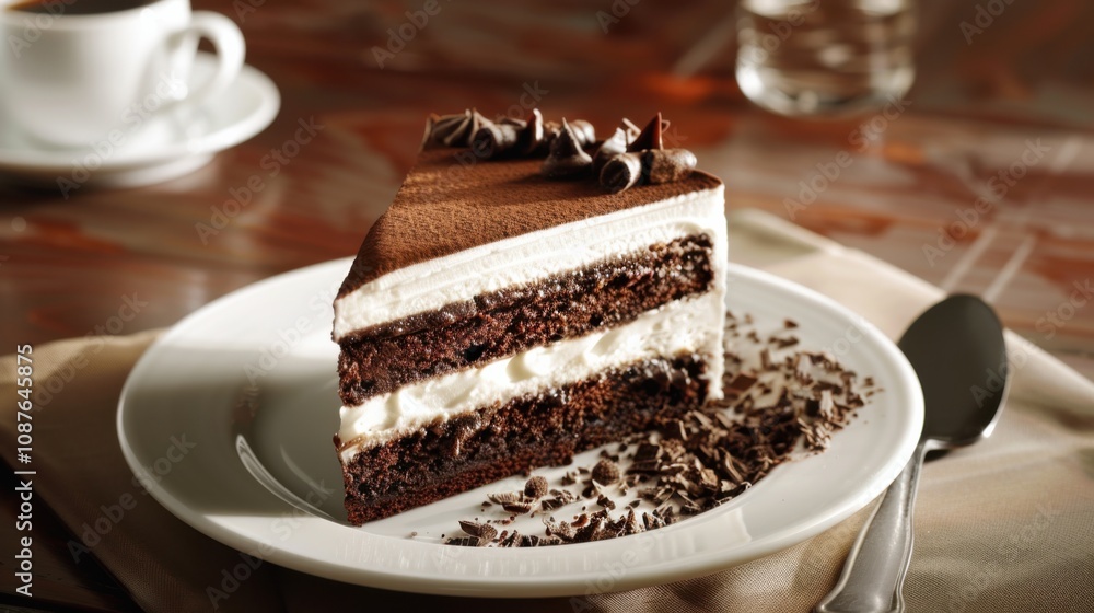 A decadent slice of triple chocolate cake with layers of chocolate sponge cake, chocolate ganache A decadent slice of triple chocolate cake with layers of chocolate sponge cake, chocolate ganache