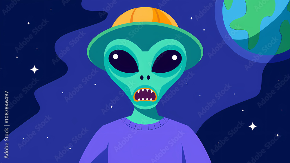 Flat-Style Illustration of an Angry Green Alien with Sharp Teeth in Space, Wearing a Purple Shirt and Yellow Hat Flat-Style Illustration of an Angry Green Alien with Sharp Teeth in Space, Wearing a Purple Shirt and Yellow Hat