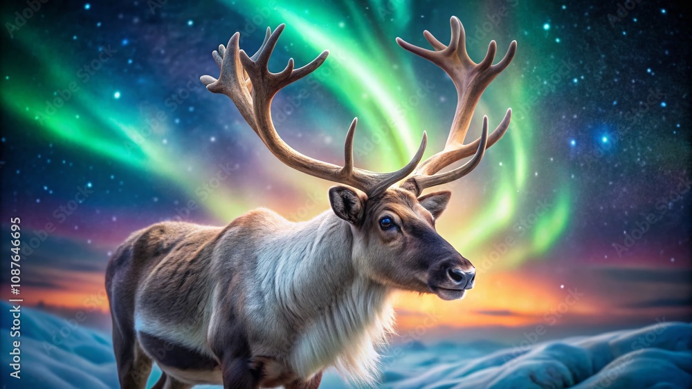 Long Exposure Reindeer Close-Up, Majestic Caribou, Northern Lights Long Exposure Reindeer Close-Up, Majestic Caribou, Northern Lights